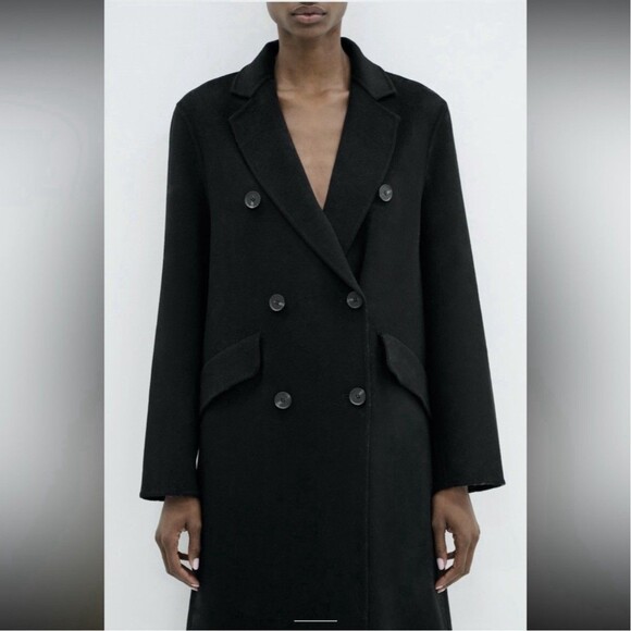Zara Women's Medium Double Breasted Long Topcoat Peacoat Black Wool Blend - Picture 5 of 16